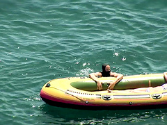 Hardcore fucking on the raft between a masked guy and a sexy blonde