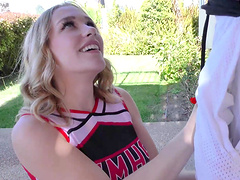 Blonde teen babe Kasey Miller deep throats a cock in uniform