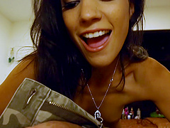 Latina vixen Tia Cyrus gives a naughty handjob and gives head close up