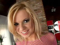 Hot blonde chick in fishnet blouse gets ass fucked