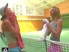 Blonde Lesbians Having Sex on Tennis Court with Racket Grips