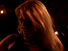 sensual Kathy Anderson masturbates in the dark room by her fingers