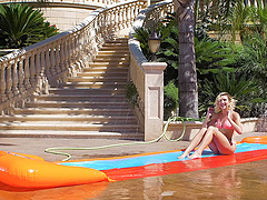 Lesbian outdoor sex by the pool with Tara Ashley and Eliza Jane