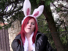 Kinky redhead cutie Snow drops her panties to be fucked in outdoors