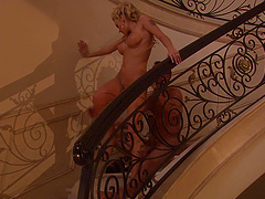 Lustful wife Monica Mayhem fucked on the stairs and covered with cum