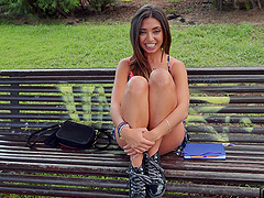 Sweet brunette Frida Sante gets fucked in outdoors for money