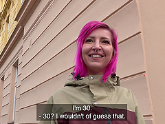 Pink haired slut Alex Bee takes money to have sex with a stranger