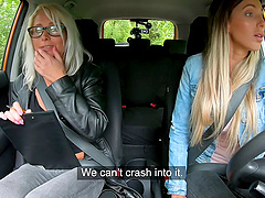 Girl on girl sex in the car between Kathy Anderson and Emily Bright