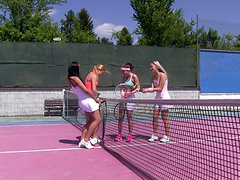 Naughty friends get horny from tennis and pleasure their pussies