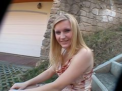 POV video with kinky blonde girl sucking a dick in a countryside