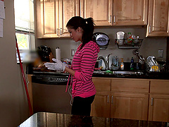 Skinny Latina maid Veronica Rodriguez gives a handjob for some cash