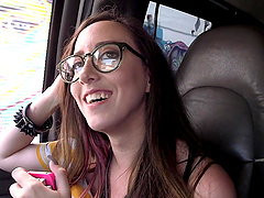 Small boobs amateur Charlie Stevens gets into the van to blow