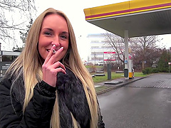 Blonde girl Jenny Simons gets talked into sucking a dick in the car