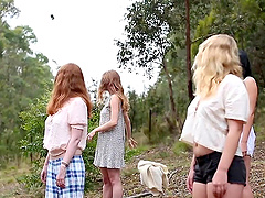 Naked cuties Jane and Laney drops their clothes in outdoors