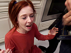 Small tits redhead Madi Collins drops on her knees to give a BJ before sex