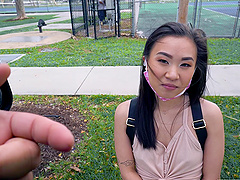 Cute Asian stranger Kimmy Kimm takes money to ride a white dick