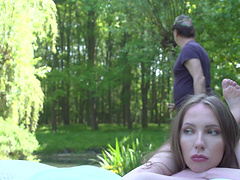 Horny old dude fucks juicy pussy of hot Lina Mercury in the woods