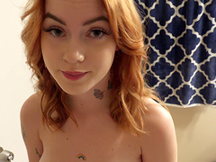 Redhead Sage Fox with natural tits moans while getting fingered