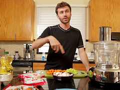 Horny dude enjoys while cooking a nice dinner for his wife