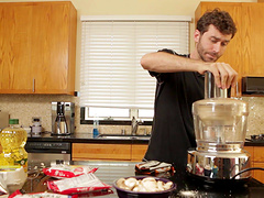 Horny dude enjoys while cooking a nice dinner for his wife