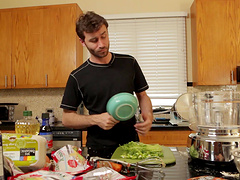 Horny dude enjoys while cooking a nice dinner for his wife