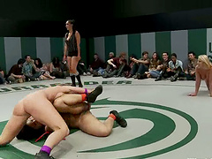 Four nasty girls wrestle on tatami and eat each other's cunts