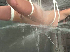 Tied up Gina Caruso gets watered and toyed from behind