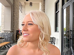 Skyler Storm takes a cumshot to her natural tits in doggystyle