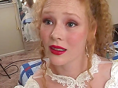 Hot redhead in wedding dress sucking dick and getting jizzed