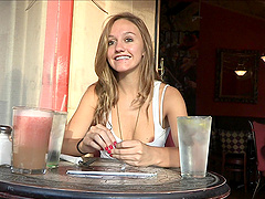 Vivacious blonde has her sexy little tits out at the restaurant