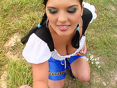 Brunette with big tits gets her shaved pussy plowed doggystyle in an outdoors POV