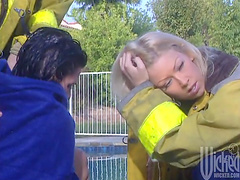 Fake tits blonde with nice ass pays tribute to firemen in hardcore MMF threesome