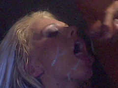 Crafty blonde cowgirl gets cum in her mouth after giving a blowjob then getting slammed hardcore