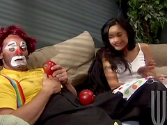 Tattooed Asian hottie gives the clown a steamy deepthroat blowjob