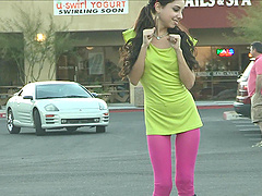 Flashing in the strip mall parking lot is a cute teen